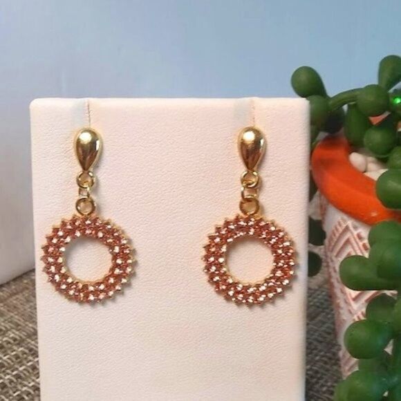 Peachy Pink Round Pave' Drop Earrings - Picture 1 of 4